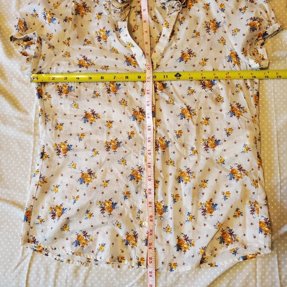 Zara Cottage Floral Button Up Top Puff Sleeve Ruffle Neck Size M Y2K Country
